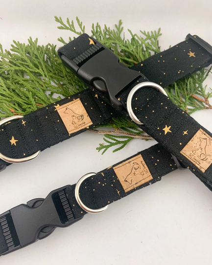 Black With Gold Stars "Written in The Stars" Fabric Pet Collar Au Natural Collection