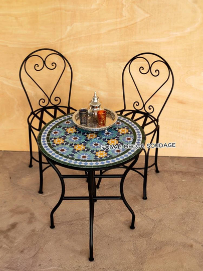 Moroccan Mosaic Table & Chairs, Bistro For Outdoor Indoor With 2 Iron Chairs Garden, Set For Your Garden Or Balcony