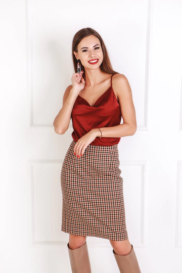 Plaid Pencil Skirt High Waist Brown Classic Midi Length For Women Formal Business Skirts