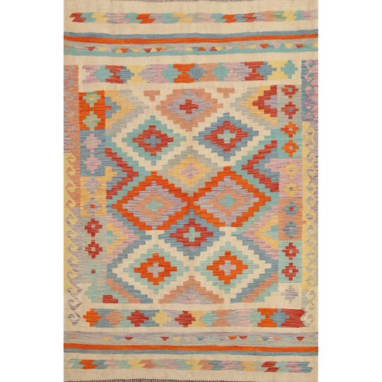 Multi-Color Reversible Kilim Geometric Area Rug Flat-weave Wool Carpet - 5'0"x 6'8"