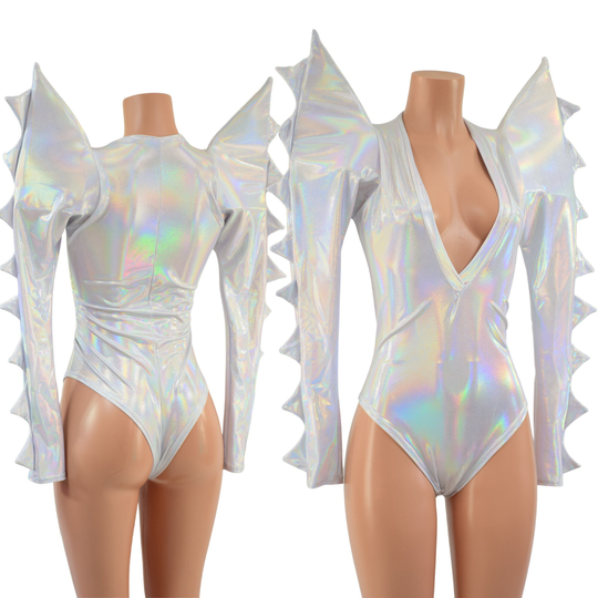 Triple Threat Romper With Plunging V Neckline, Mega Sharp Shoulder Spiked Sleeves, & Brazilian Cut Leg in Flashbulb 1579176