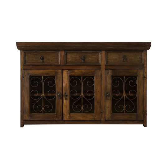 54" W Rustic Wood 3 Drawer Sideboard with Wrought Iron Hardware & Inserts by Artesano Iron Works | Home Decor