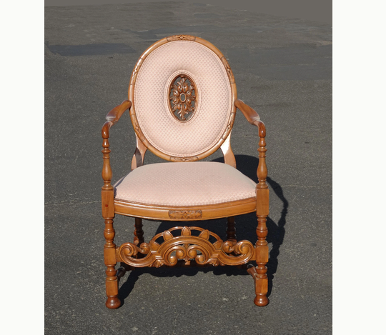 Vintage French Country Oak Rose Carved Ornate Accent Arm Chair