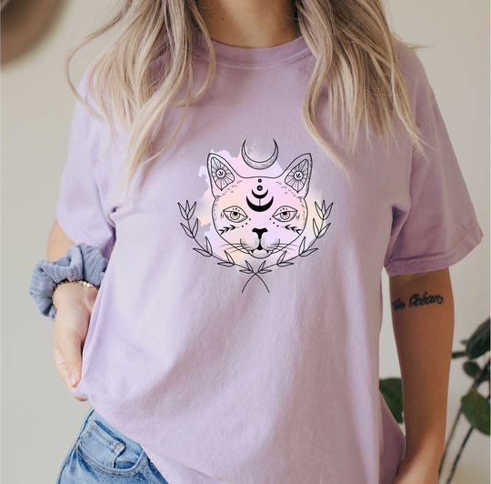 Comfort Colors Magic & Celestial Cat Shirt, Top, Animals T-Shirt, Comfy Oversized Boho Shirt