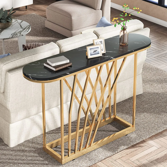 43" Modern White Gold Sofa Couch Table with Faux Marble Wood, Oval - 42.5"W x 11.8"D x 31.5"H