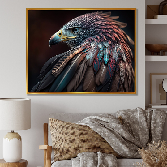 Designart 'Macro Colorful Feather Eagle VII' Animals Framed Canvas Art Print