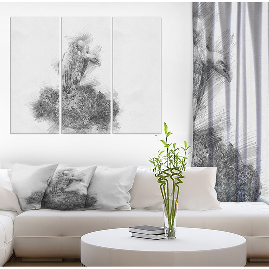 Designart 'Black and White Vulture in Pencil Sketch' Animals Print on Wrapped Canvas set - 36x28 - 3 Panels