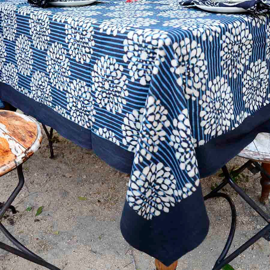 Blue Rectangular Floral Table Cloth, Organic Cotton, Indigo Blocked Printed, Plant Dyed - Sana Sample