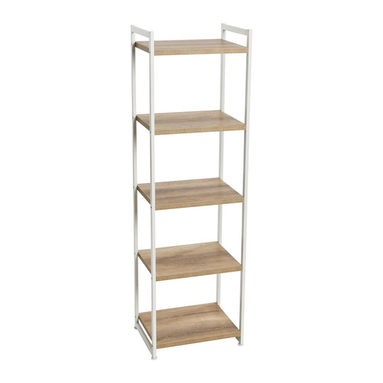 Tower Bookshelf, Tall and Narrow Bookshelf with 5 Shelves, Coastal Oak Wood Grain and White Metal, Coastal and Modern