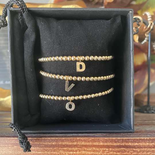 14K Yellow Gold Block Initial Beaded Bracelet - Stackable Everyday Stretch