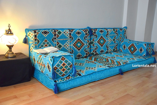 Blue Sky Seating Sofa, Floor Cushions, Turkish Jalsa, Oriental Home Decor Majlis Set, Moroccan Living Room, Sofa Bohemian Furniture, Kilim Rug Set
