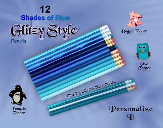 Shades Of Blue Pencils, Back To School Supplies, Personalized Set 12, Glitzy