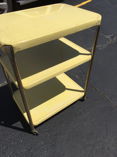 Vintage Retro Triple Rolling Cart Yellow Metal With Stainless Steel Legs Wheels Bar Storage Office Kitchen