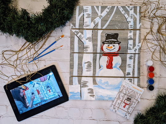 Snowman With Birch Trees Canvas Painting Kit + Video Tutorial, Free Palettes & Aprons Orders Of 10 Party Kit, Diy Paint