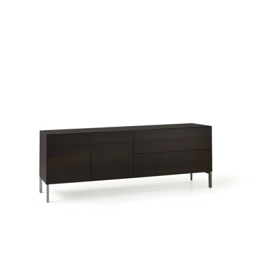 Norma Sideboard With Fronts In Burnt Oak, Top And Sides In Dark Brown Hard Leather And Base In Matt Titanium