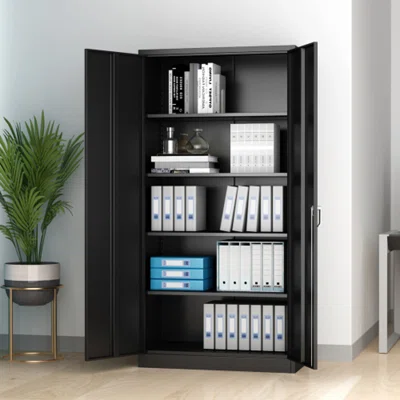 Metal Storage Cabinet,Steel Storage Cabinet With 2 Doors And 4 Adjustable Shelves,Black Metal Cabinet With Lock,72"Tall Steel Utility Cabinets For Sto