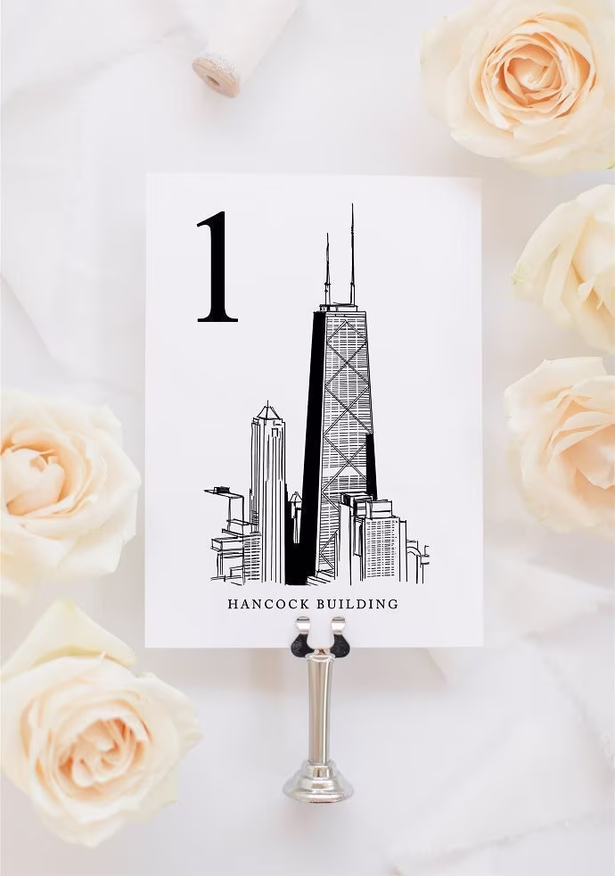 Chicago Landmark Table Number Cards | Icon Illustration Drawings Windy City Wedding Theme