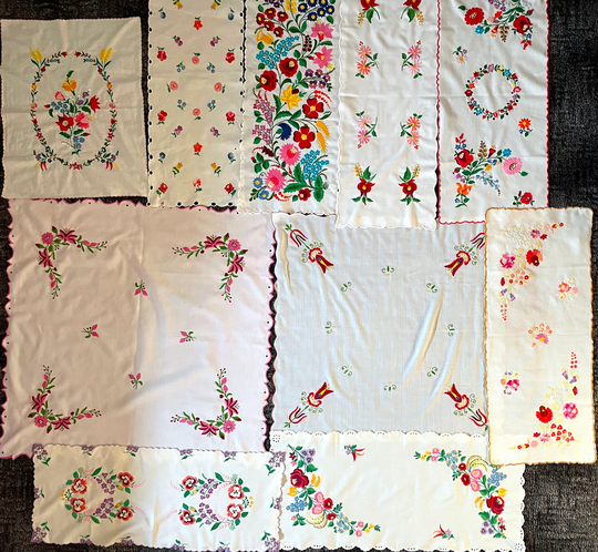 Hungarian Embroidered Table Runner Set. Vintage Hungarian Handmade Tablecloths With Floral Pattern. Colorful Embroidery Home Decor