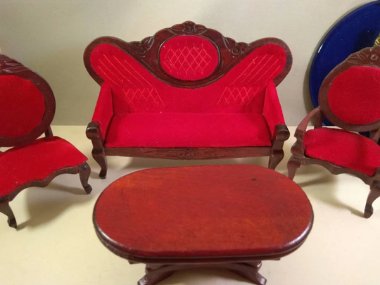 Dollhouse Wooden, Red Velvet Sofa, With Chairs & Table Miniature ... Classic...1/12 Scale Set 4 Pcs..+ Gift, Last Photo, The Specific