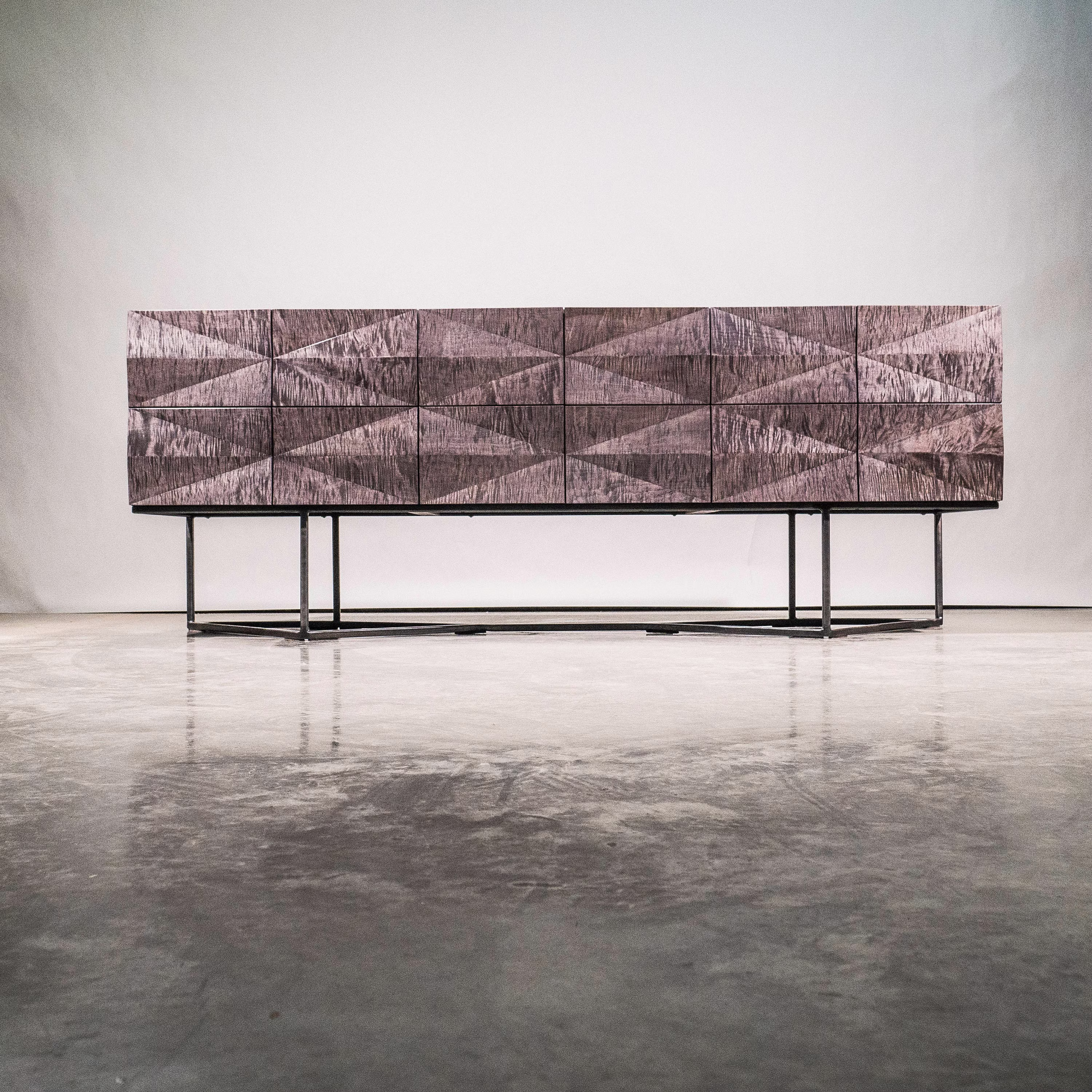 Credenza Modern Faceted Front, Steel Base, Gray Curly Maple Wood, Sideboard, Buffet, Server, Dining Room Storage