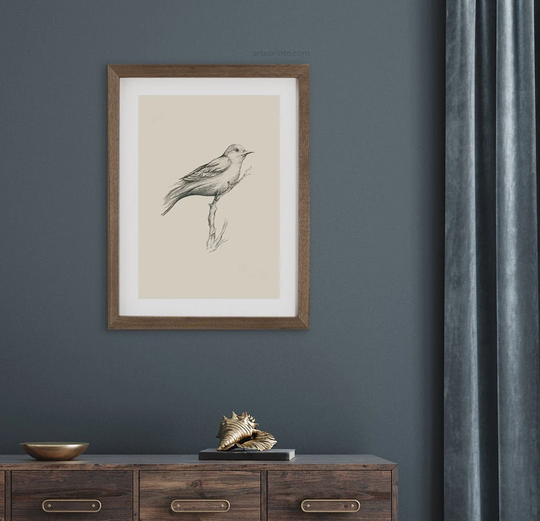 Bird Art Print, Pencil Sketch, Birds Wall Art, Minimalist Drawing On Branch, Beige Gray White Illustration, Printed & Shipped