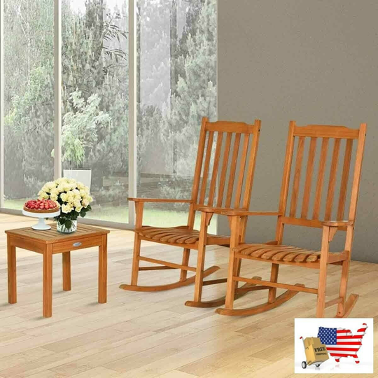 Rocking Chair Patio Garden Set 3 Pcs Eucalyptus With Coffee Table Quick Assembly Seating Patio Outdoor