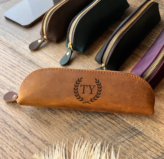Personalized Leather Purse, Pen Pouch, Makeup Brush Holder, Custom Pencil Case, Small Holder For Desk