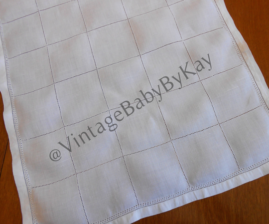 White Linen Table Runner Vintage On Hemstitching Grid, 15.5" X 32" Elegant Party Wedding Holiday Linens, Hemstitched Hems