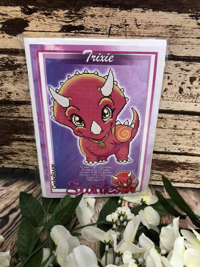 Trixie Triceratops Swirlies- 14 Count 2x1 Modern Cross Stitch Art Kit - Dinosaur
