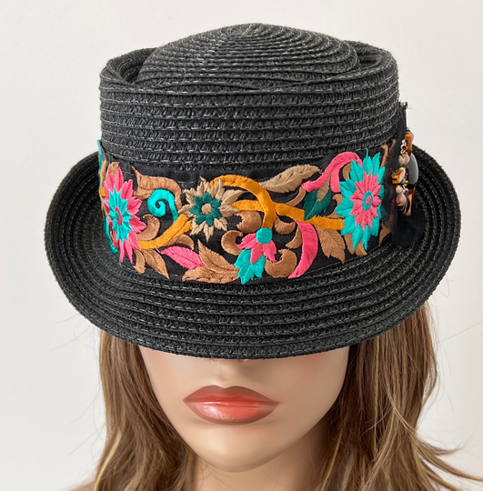 Women's Black Straw Hat With Floral Embroidered Ribbon & Beaded Appliqué, Summer Festival Hat, Church 22" Up To 23" S/M Ready Ship