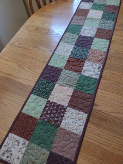 Quilted Table Runner, Brown & Green Farmhouse Long 13 1/2 X 55 Inches
