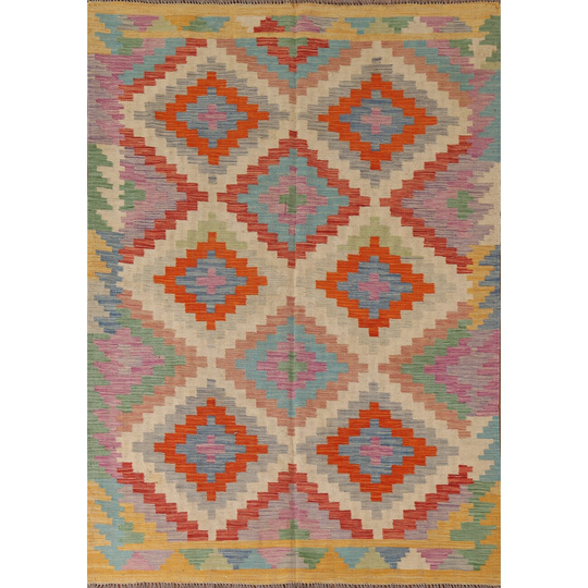 Geometric Kilim Multi-Color Oriental Area Rug Flat-weave Wool Carpet - 5'0" x 6'6"