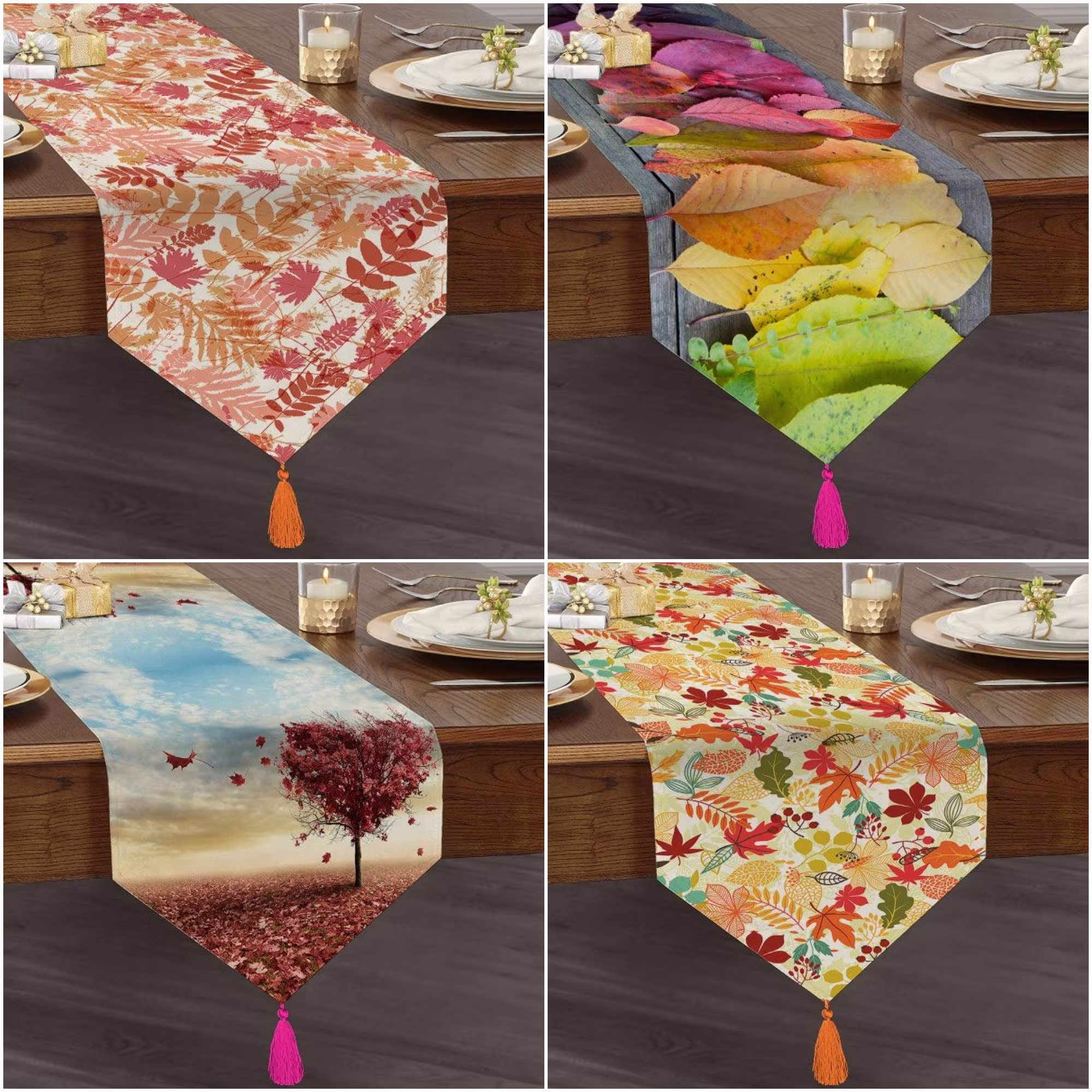 Fall Trend Table Runner|High Quality Triangle Dining Runner|Fall Leaves Tabletop|Farmhouse Tabletop|Autumn Tree Tasseled Runner