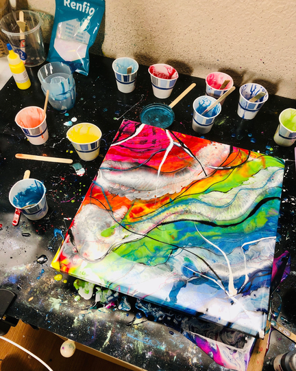 Rainbow River/ 12x12 Inch Rainbow Colored Resin Painting On Ceramic Tile