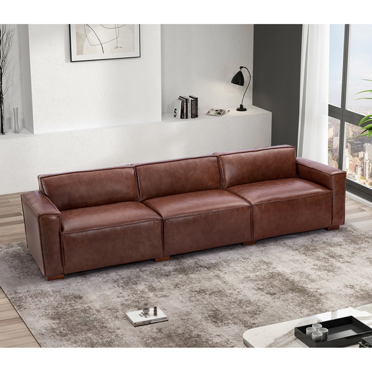 Lampetides 110" Comfy Genuine Leather Modular Sofa with Wood Base