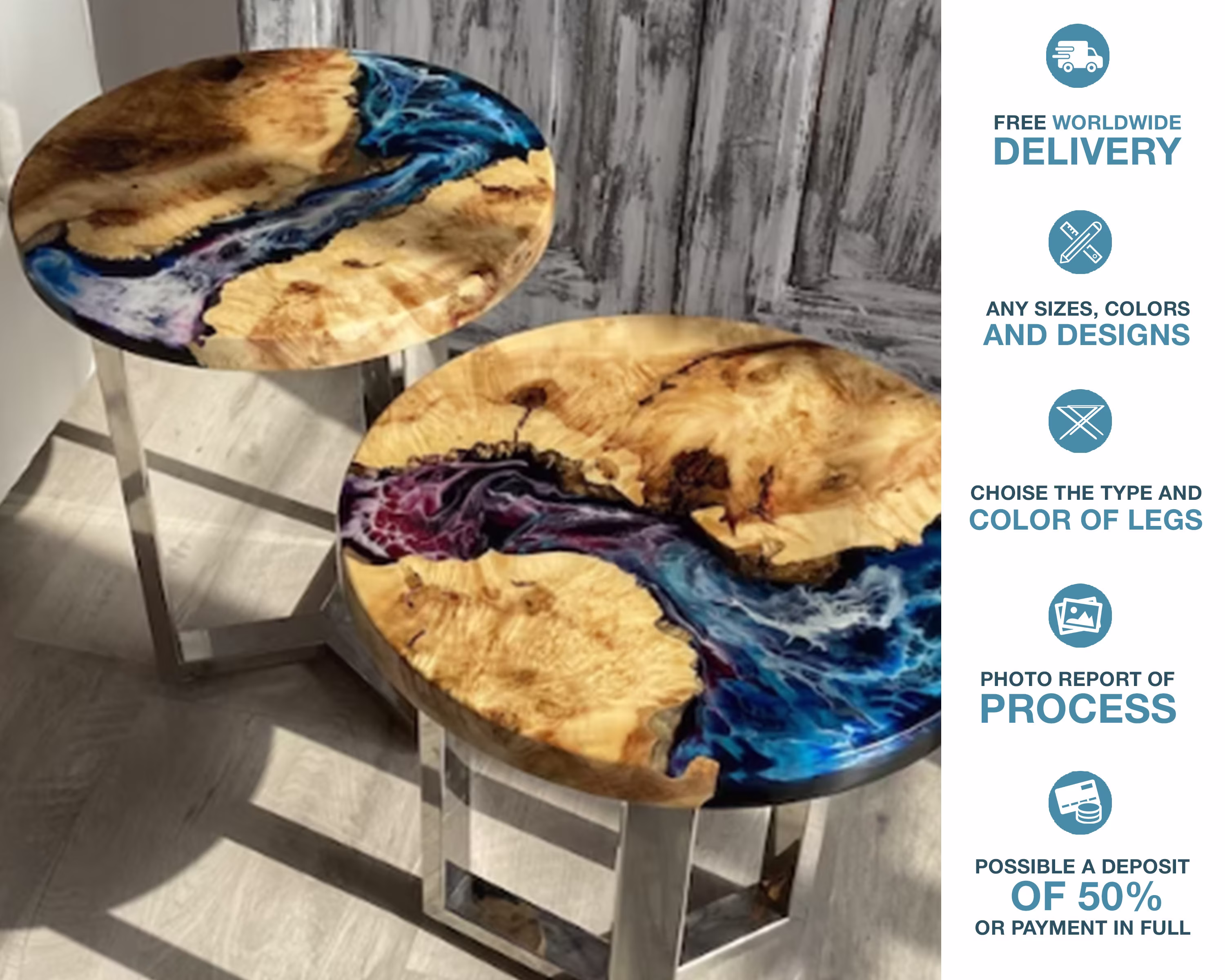 Round Set Of 2 Nesting Coffee Table, Epoxy Resin Space Modern Nest Tables, Wood Side Unique Tables, Living Room Decor