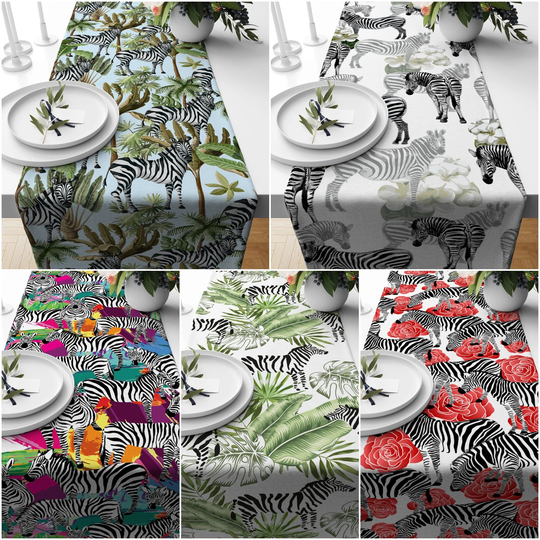 Zebra Table Runner|Floral Top|Animal Print Tablecloth|Zebra With Green Leaves & Red Rose Runner|Zebra Tablecloth