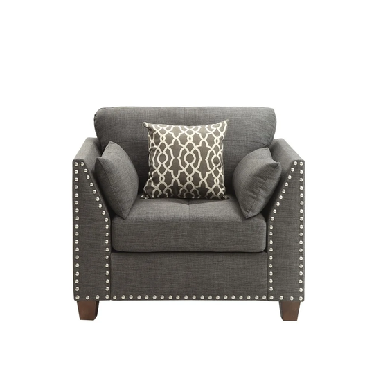 Transitional Style Wood and Linen Chair with 3 Pillows, Grey