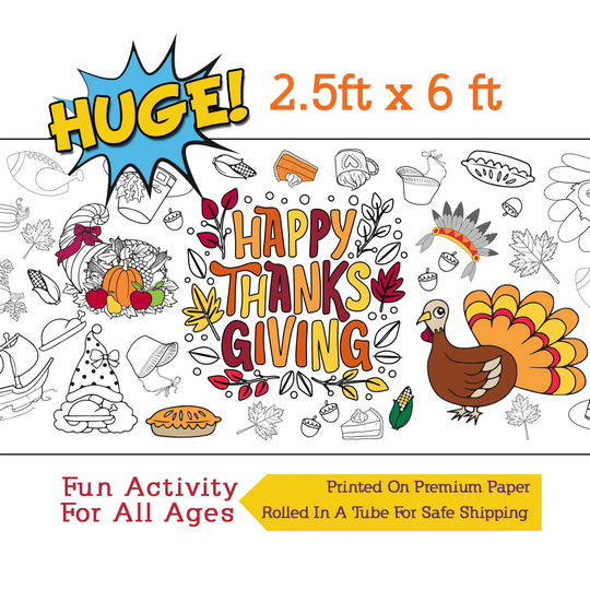 Happy Thanksgiving Coloring Banner, Poster, Paper Tablecloth, Activity - 30" X 72" Inches