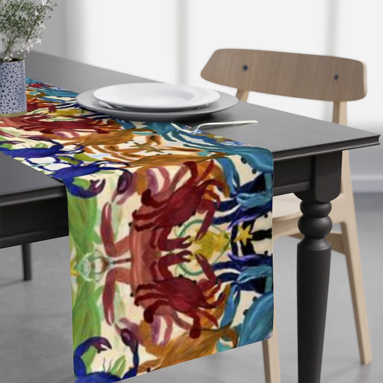 Crab Party Colorful Coastal Table Runner Of My Art.coastal Beach House Crabs Design Table Accents Runner. Size 90" X 16"