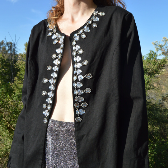 Black Silver Jewel Rhinestones Embellished Jacket Vintage 1990S Diamond Beaded Sequin Statement Open Front Blazer American Glamour Xl 2X