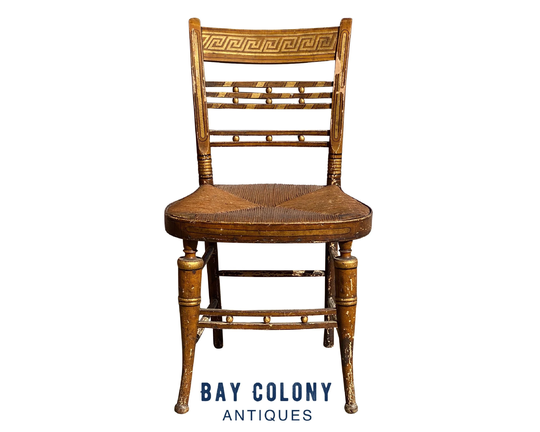 19Th Century Antique Sheraton Fancy Paint Thumb Back Chair with Rush Seat & Greek Key Design