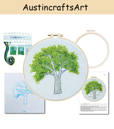 Tree Diy Beginner Embroidery Kit, Hand Embroidered Home Decor Craft Hoop Art Kit