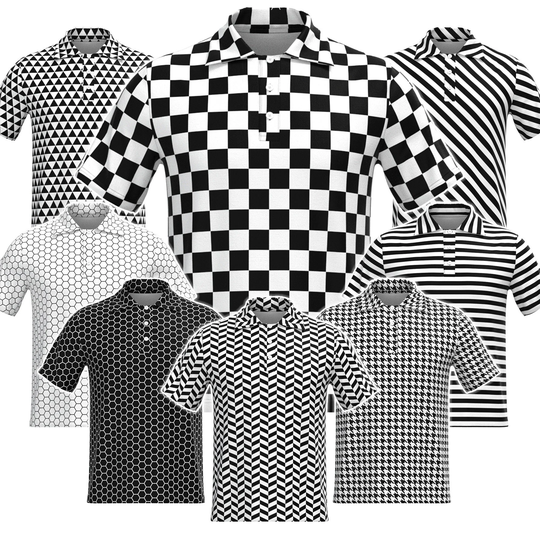 Black White Geometric Pattern Check Checker Box Houndstooth Triangle Hexagon Horizontal Diagonal Stripes Herringbone Collar Polo Tee T Shirt
