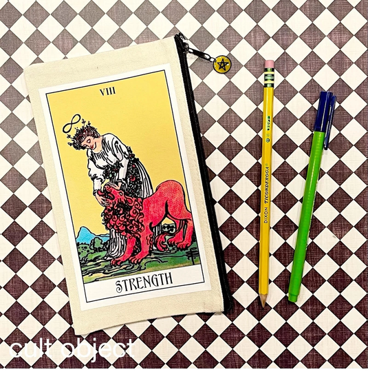 Tarot Card Strength Cotton Canvas 4 1/2" X 8" Zipper Pencil Pouch Makeup Cosmetic Travel Bag Rider-Waite