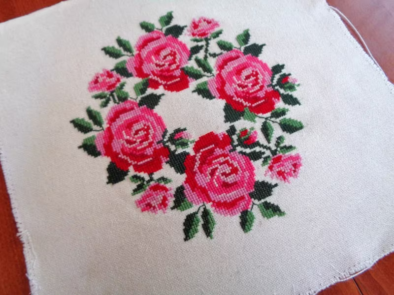 Vintage Floral Needlepoint, Square, Chair Cover, Pillow Case, Roses, Hand Embroidered, Needle Crafting