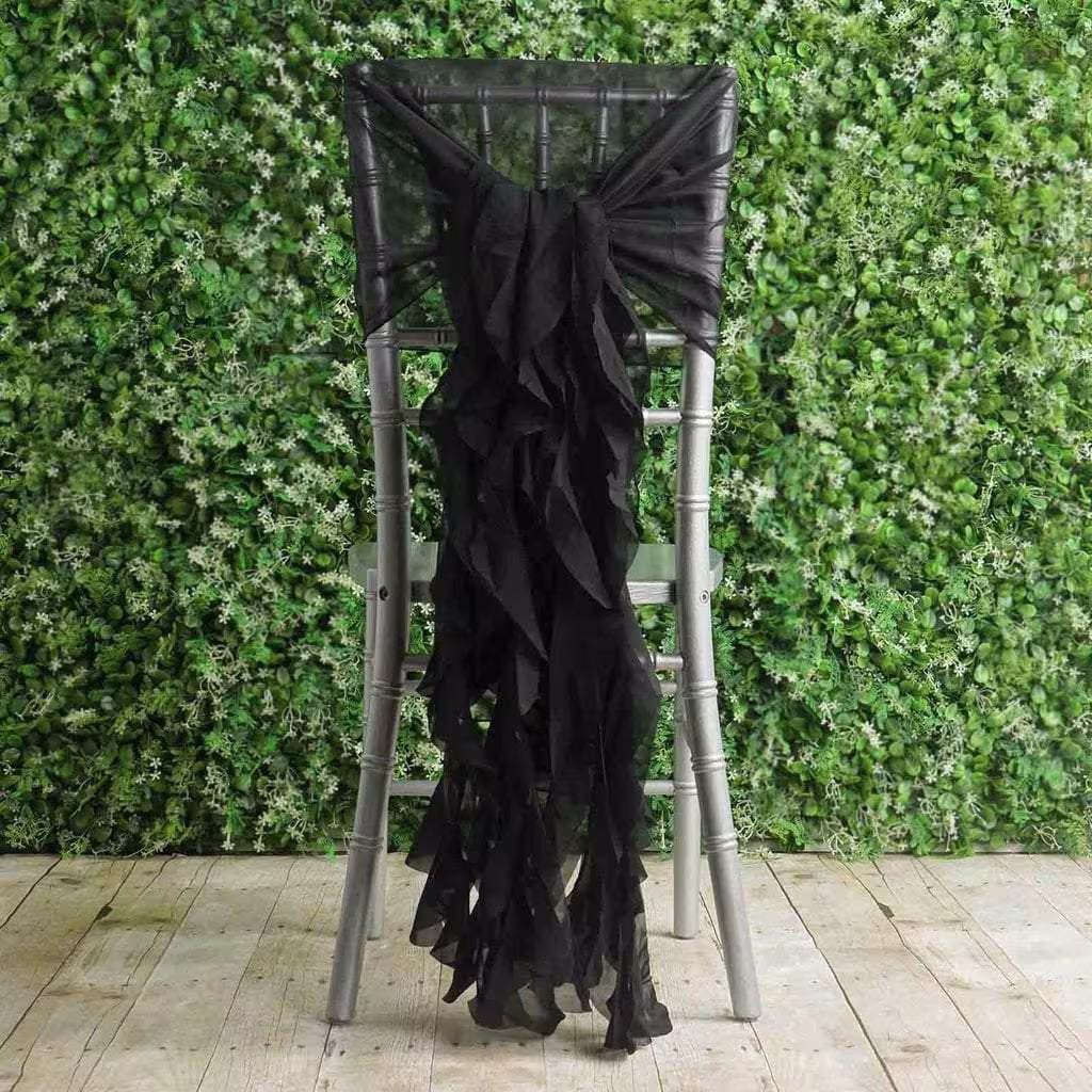 Black Premium Curly Chiffon Chair Cover Cap With Sashes