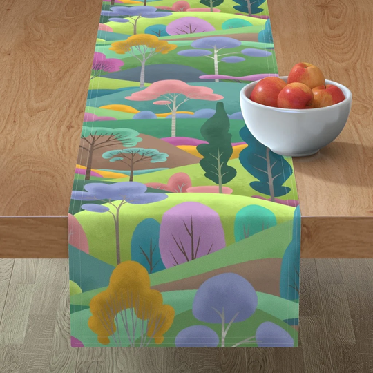 Painted Landscape Table Runner - Bucolic Spring Panorama By Ikerpazdesign Bright Colors Cotton Sateen Spoonflower