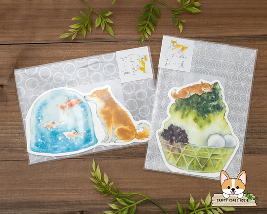 1 Or 2 Pc Set | Active X Natsuka Murata Shiba Inu Delicious Summer Die-Cut Greeting Card Goldfish Jelly - Matcha | Green Tea Shaved Ice