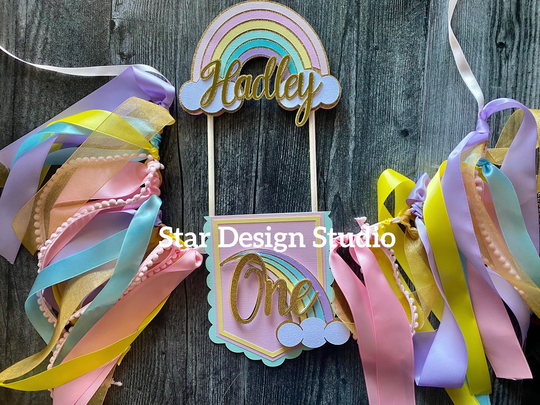 Rainbow High Chair Banner & Cake Topper, Unicorn Birthday. Any Number Available